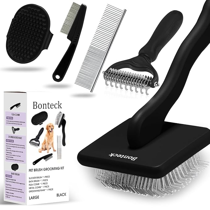 Dog Slicker Brush for Dogs Grooming Kit 4PCS | Large Dog Brush for Goldendoodles Poodles Doodles | Long Pin Haired Brush | Poodle Brushes and Comb (Black)