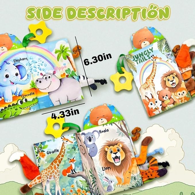 Baby Toys 0-6 Month, Crinkle Books for Babies, Jungle Tails Soft Baby Cloth Books 6 to 12 Months with 10 Pcs Jungle Animal Finger Puppets, Infant Tummy Time Sensory Toys, Newborn Gifts for Boys Girls