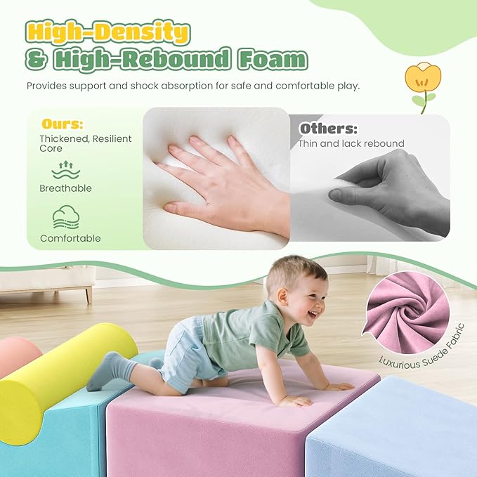 Lischwert Foam Climbing Blocks for Toddlers 1-3, 6pcs Soft Play Set with Crawling Exploration Toys, Indoor Outdoor Infant Safe Blocks for Baby Gym Toddler Playground