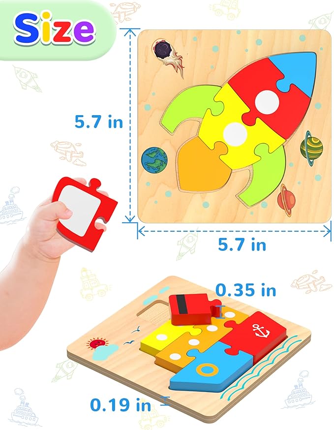 Yetonamr Wooden Toddler Puzzles Gifts Toys for 1 2 3 Years Old Boys Girls, 6 Vehicle Shape Montessori Toys Educational Blocks Kids Gift Baby Learning Toy Age 1-3, 2-4