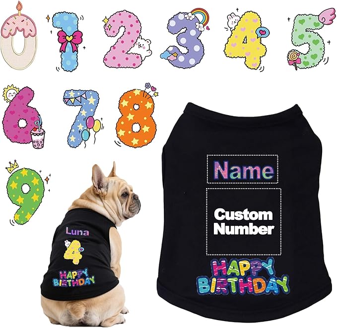 Custom Dog Birthday Shirt,Personalized Pet Apparel Print with Name Age Number,Pet Birthday Outfit,Lightweight Breathable Cotton Vest for Small Medium Large Dogs Cat (Black, XX-Large)