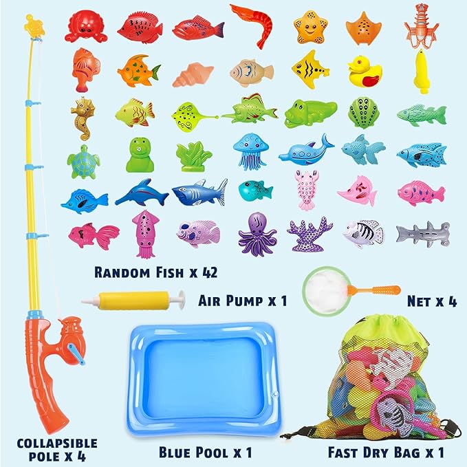 CozyBomB™ Magnetic Fishing Toys Game Set for Kids | Water Table Bathtub Kiddie Pool Party & Pole Rod Net, Plastic Floating Fish Toddler Color Ocean Sea Animals Birthday Age 3 4 5 6 Year