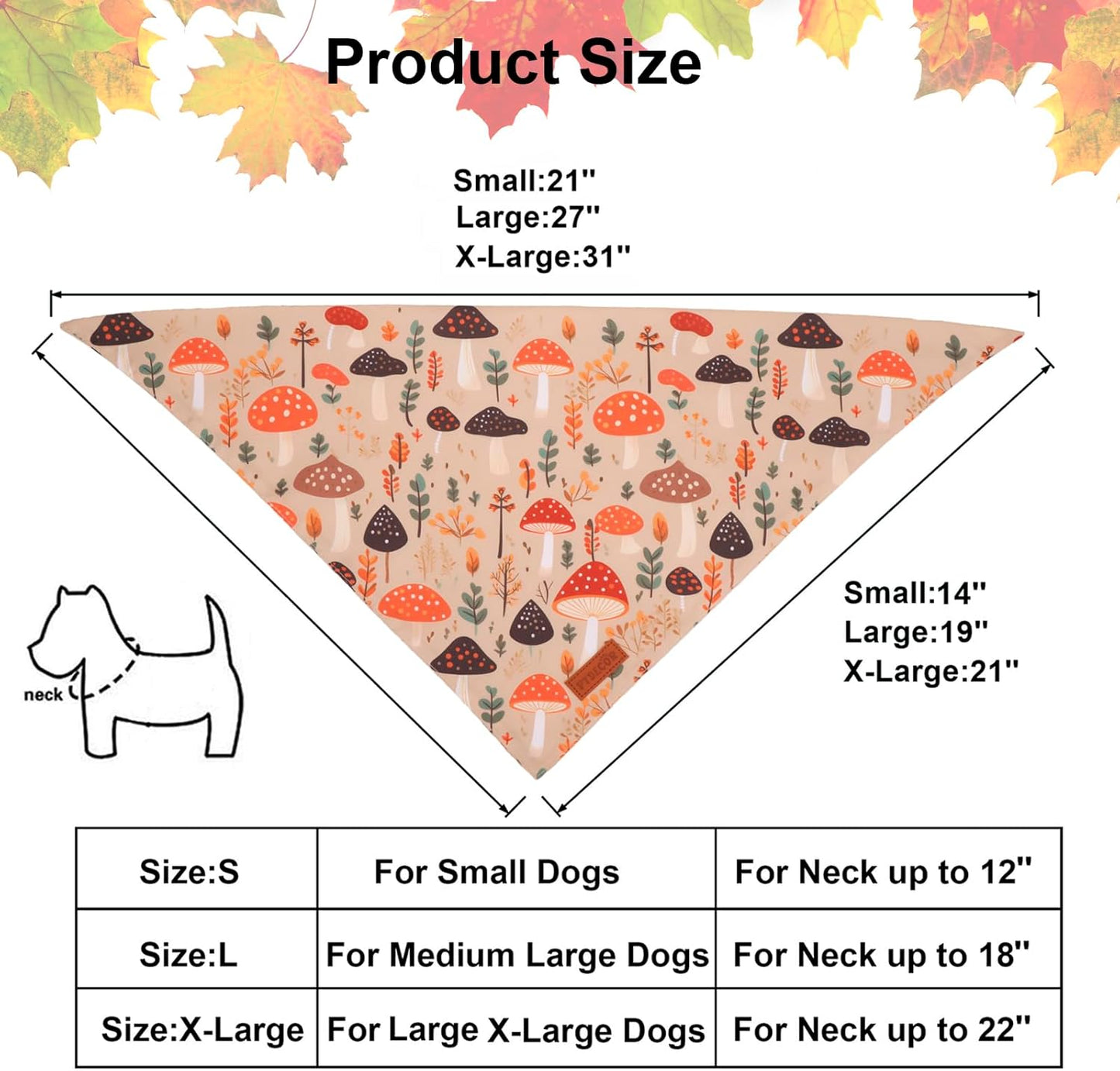 PTDECOR Fall Dog Bandana, Pumpkin Mushroom Design Scarf Reversible Holiday Dog Scarf, Triangle Thanksgiving Bandanas for Medium Large Pets (Large)