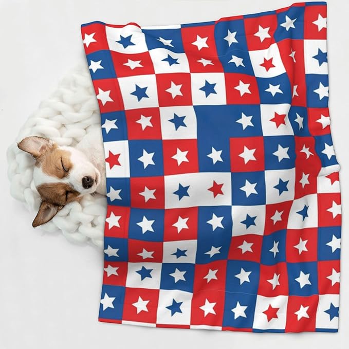 Two Sided Pet Cuddler Blanket for Anxiety Calming, American Flag Plaid Pattern, Reversible Plush Design with Bubble Dot Pattern Provides Familiar Surface Anywhere