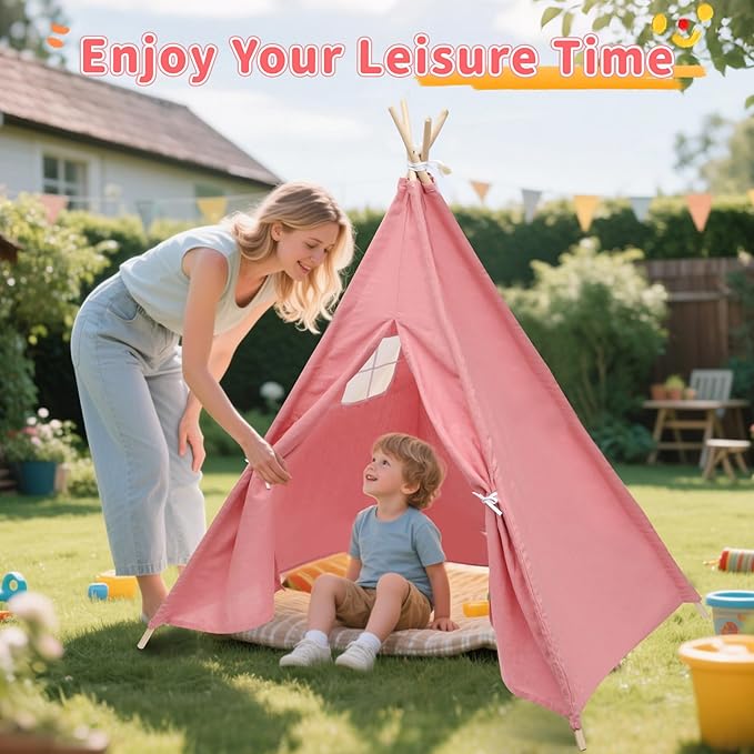 4 Pack Teepee Tent for Kids with Light String and Inflatable Airbed, Slumber Party Tents, Sleepover Tents Party for Girls Boys Indoor Outdoor (Pink)