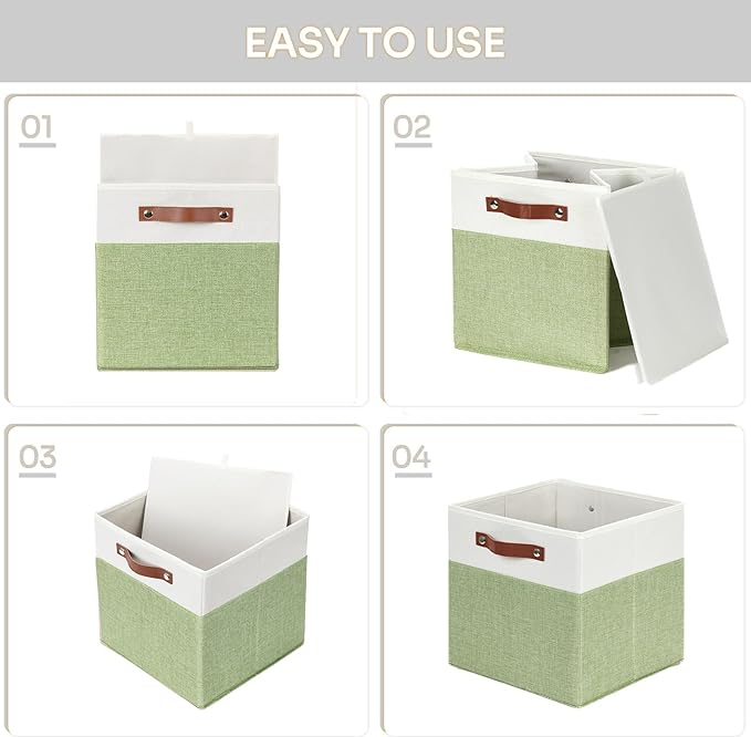 HNZIGE Fabric Cube Storage Bins 13x13 Set of 4 Canvas Storage Baskets for Shelves Collapsible Storage Bins for Organizing Clothes Closet Toy Nursery Cubby(Green&White)