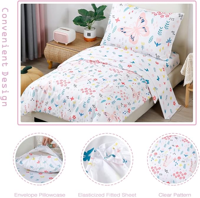 PERFEMET Girls Toddler Bedding Colorful Flower Blossom Comforter Set Butterfly Print Toddler Bedding Sets Ultra Soft Lightweight Bed-in-A-Bag for Toddlers(4 Pieces, White)