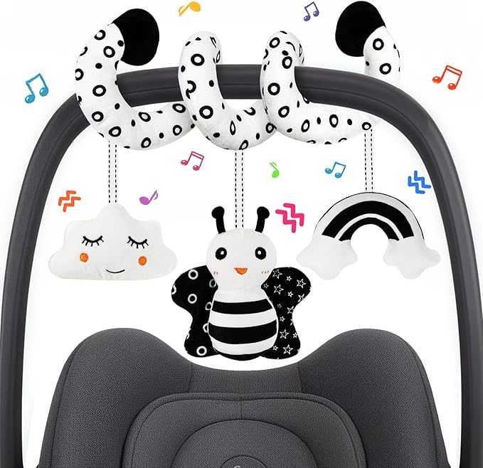 Car Seat Toy,Stroller Toys,Car Seat Toys for Babies 0-6 months Boy Girl,Spiral Hanging Stroller Black and White High Contrast Sensory Toy Newborn Plush Activity Toys Thank You Gifts for 0 3 6 9 Months