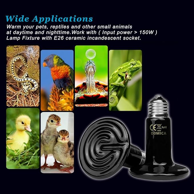 DOMICA 100W 2Pack Reptile Heat Bulb, Beared Dragon Ceramic Heat Emitter, E26 No Light Emitting Heating Light Bulbs for Turtle, Lizard, Snake, Amphibians, Pet Brooder Coop Chicken (100W-Medium Tank)