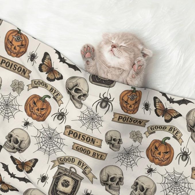 Reversible Pet Blanket for Sofa Protection Pet Comfort, Vintage Skull Skeleton Spider Web Witch Board Gothic, Double Sided Design with Cozy Nubby Nap Side and Durable Smooth Play Side