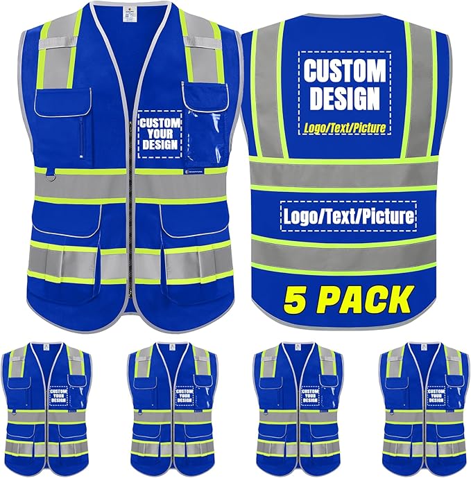 BeautyWill 5Pack Custom Logo Safety Vest 8 Pockets Class2 ANSI Certified High Visibility Reflective Vest for Men - Personalized Logo Heavy-Duty Work Vest（Blue，XL）