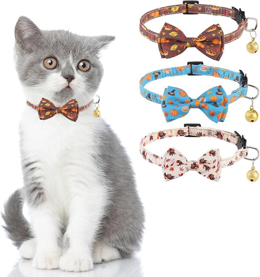 KOOLTAIL Cat Collar with Bow Tie and Bell - 3 Pack Cute Cat Collars Breakaway with Food Pattern, Cute Adjustable Kitten Collar with Safety Buckle for Girls Boys Kitty