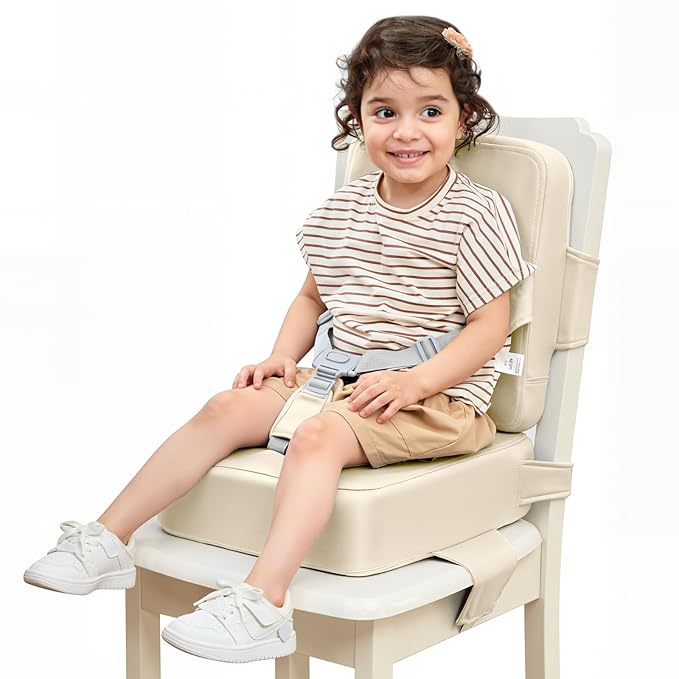 HOMEAL Toddler Booster Seat for Dining Table - Toddler Dining Cushion with Wipeable Surface -Booster Seat for Kitchen Chair with Easy-Install Straps - Breathable Fabric - Beige