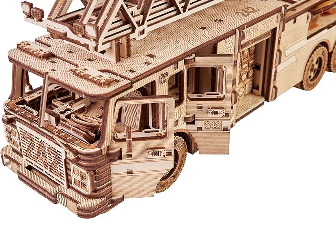 Wood Trick Rescue Firetruck Movable - Rotating Extendable Ladder - 3D Wooden Puzzles for Adults and Kids to Build - Rides up to 20 ft - Wooden Models Engineering DIY Project Mechanical Model Kit