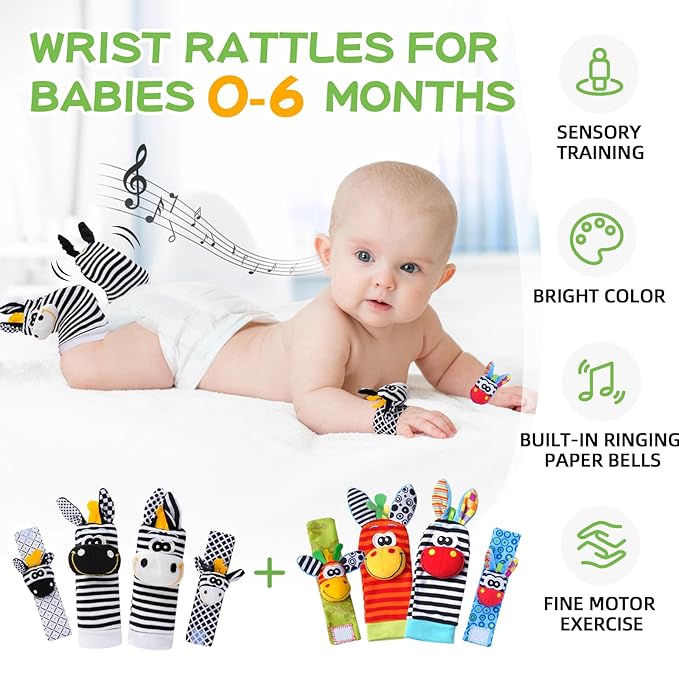 Baby Toys 0-6 Months,High Contrast Baby Toys for Newborn, 8 Pcs, Animal Wrist & Foot Rattles Socks Set, Sensory Rattle Toys for 0-12 Months, Babies Boy Girl Gifts