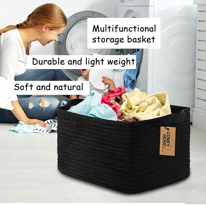 COMFY-HOMI 3PACK Cotton Rope Woven Basket With Handles for Shelves, Toy, Book, Cloth Storage Basket for Organizing|13.5" x 11" x 9.5" Decorative Nursery Cube Bin for Living Room（all Black）