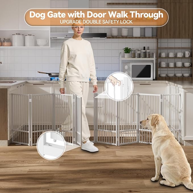 Full Metal Freestanding Dog Gate with Door, 32''Height Foldable Pet Dog Fence for Indoor & Outdoor, 8 Panels Extra Wide Free Standing TallDog Gates for Doorways,House,Stairs,Porch,Deck,Yard