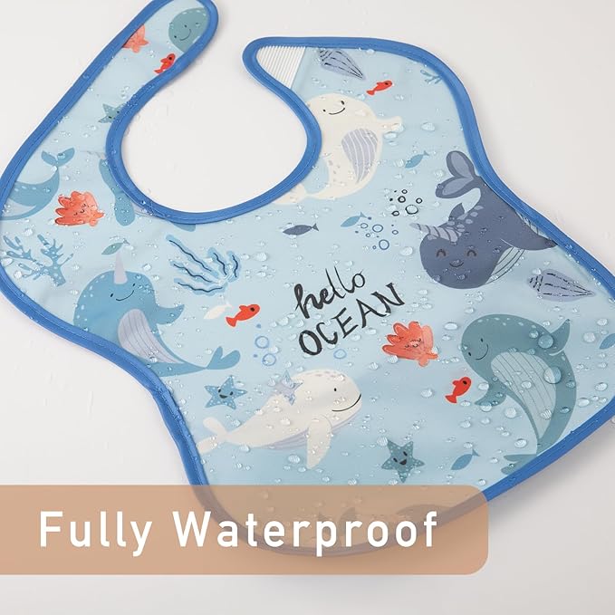 Mess Proof Baby Bib 3 Pack, Waterproof Led Weaning Baby Feeding Bibs with Food Catcher, Travel Feeding Bibs
