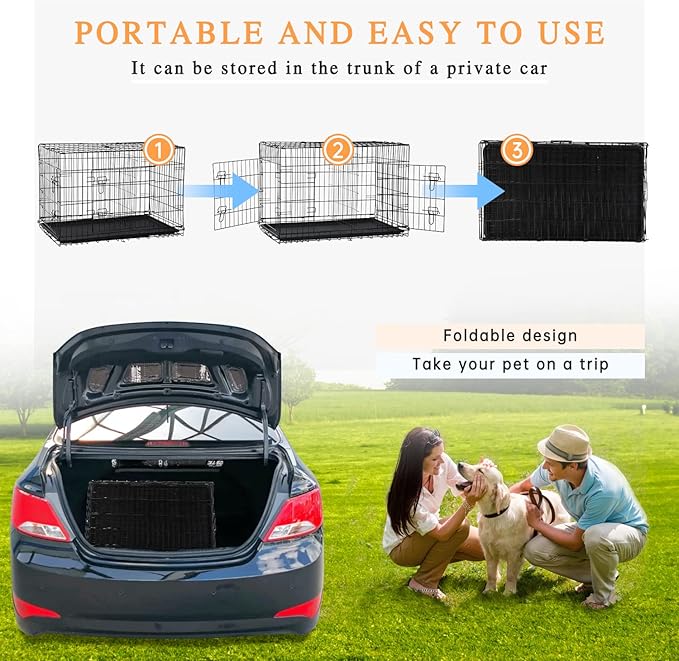 Large Dog Crate 42 Inches Double Door Pet Crate Folding Metal Wire Dog Cage with Divider Panel Leak-Proof Plastic Pan Indoor Outdoor Pet Crates for Medium and Large Breed Pet Animals Black