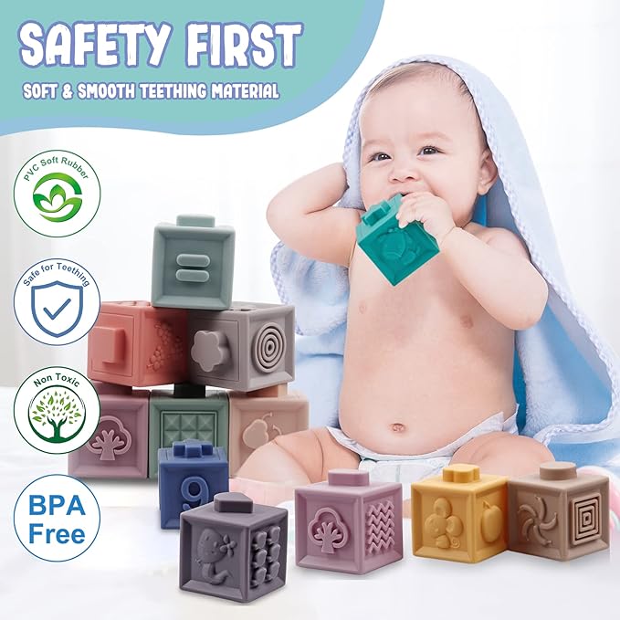 Montessori Toys for Babies 6-12 Months, Soft Baby Blocks Toys Set, 3 in 1 Infant Stacking Building Blocks, Teething Toys Sensory Balls Educational Learning Toys for Toddlers 3-6-9-11 Months Boys Girls