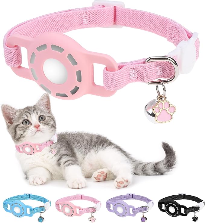 Airtag Cat Collar Breakaway, Stretchy Cat Tracker Collar with Apple Air Tag Holder for Boy Girl Cats, Elastic GPS Tracking Collars for Kittens and Puppies, Adjustable 9"-12" Pink