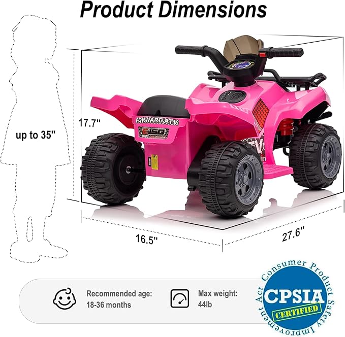 Kids ATV 4 Wheeler, 6V Ride-On Toy for Toddlers Boys & Girls with Music, Forward & Reverse - Rose Pink