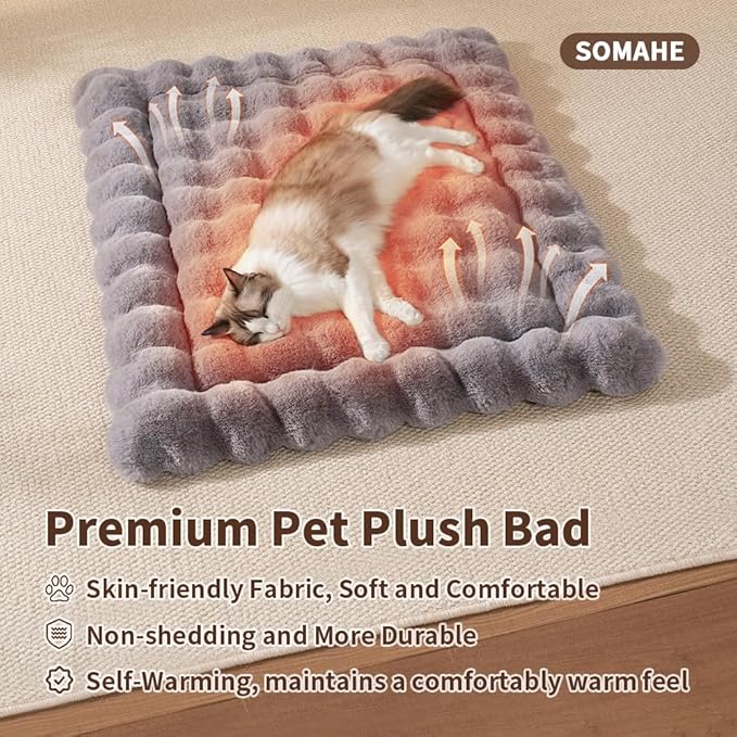 Self-Warming Cat Bed, Plush Faux Fur Pet Bed Mat with Anti-Slip Bottom, Ultra Soft Heated Pad for Cats & Kittens, Cozy Fluffy Bed for Window & Sills Couches, Machine Washable, 23x15 Inch Grey