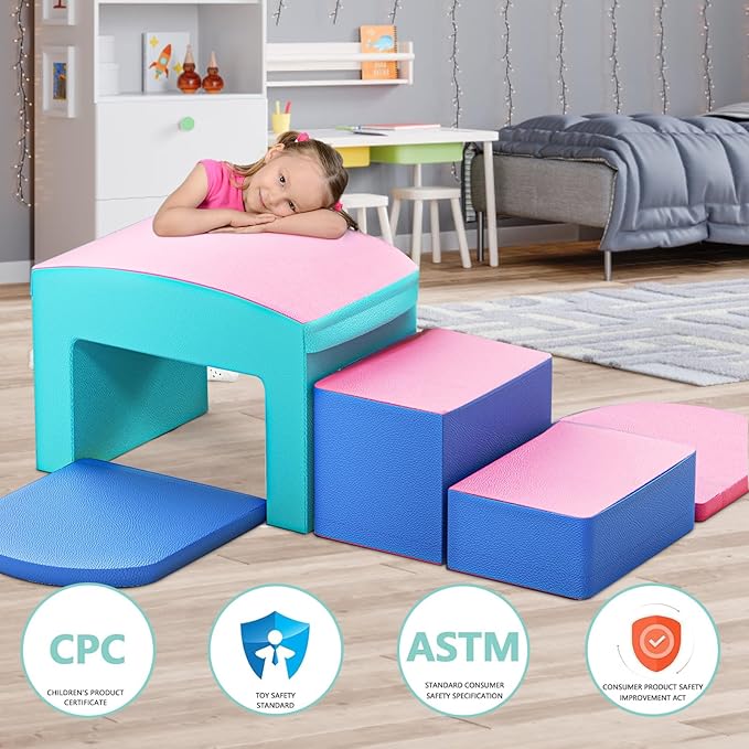SURPCOS Crawl and Climb Foam Play Set, 6 Pcs Climbing Toys for Toddlers 1-3, Climb and Crawl Activity Playset, Soft Play Equipment Crawling and Sliding (Blue&Pink) 6 peices