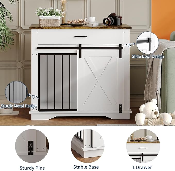 37 Inch Dog Crate Furniture with Double Doors, Modern Farmhouse Indoor Kennel for Small to Medium Dogs, Dual Drawer Storage Table, Media Console TV Stand and Sideboard