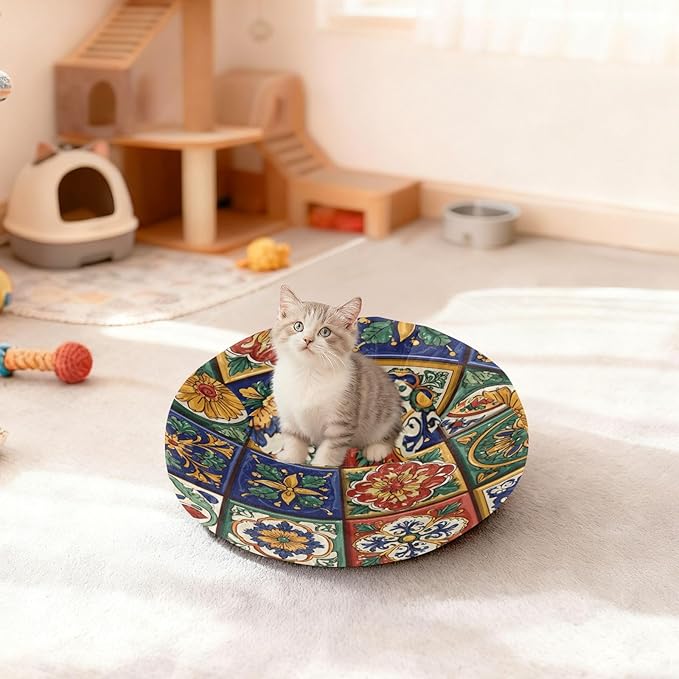 Round Cat Bed Dog Bed,15.7in Mexican Tile Patterns Washable Non-Slip Bottom Soft Pet Bed for Small Medium Dogs and Cats
