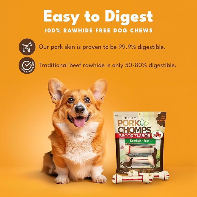 Pork Chomps Baked Pork Skin Dog Chews, 11 Inch Knots, 4 Count, 1 Pack, Bacon Flavor - Long-Lasting Treats for Dogs - High Protein, Rawhide-Free, Low Fat, Healthy & Delicious Chews