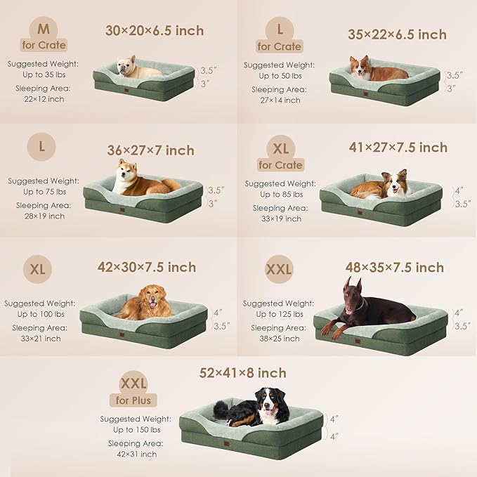 EHEYCIGA Orthopedic XL Dog Bed for Large Sized Dog, 48x35x7.5 Inch Extra Large Memory Foam Dog Couch Bed with Sides, Waterproof Liner & Washable Removable Cover, Bolster Pet Sofa, Green