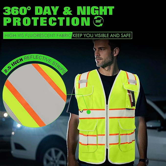 BeautyWill 5Pack Custom Logo Safety Vest 8 Pockets Class2 ANSI Certified High Visibility Reflective Vest for Men - Personalized Logo Heavy-Duty Work Vest（Yellow，L）