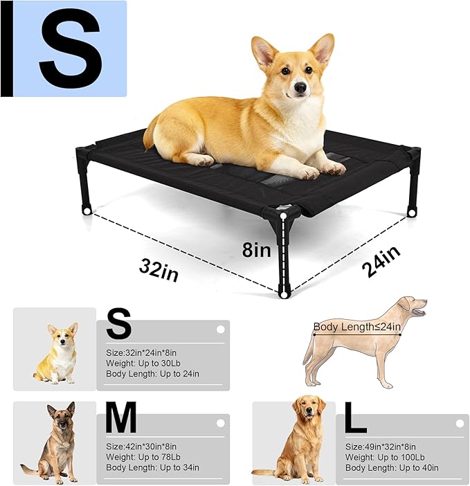 Raised Dog Bed Cooling Cot for Indoor Outdoor Use Portable Waterproof Mesh Pet Bed Washable for Large Medium Small Dogs, Black