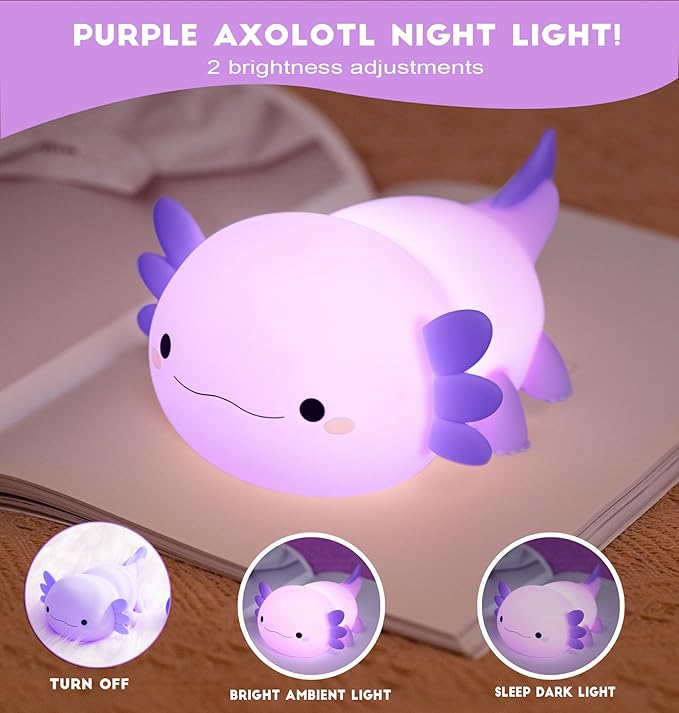 DREAMING MY DREAM Axolotl Night Light for Kids,Cute Axolotl Gifts lamp Rechargeable Light Table Bedside Lamp,LED Animal Silicone Nursery Night Lamp Cute Room Decor for Kids Girls Boys