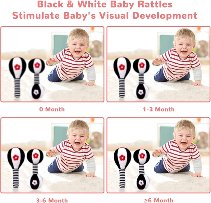 XIXILAND Baby Rattles 0-6 Months Newborn Toys Infant Toys 0-6 Months Rattles for Babies 0-6 Months Baby Toys 0-6 Months, Black and White High Contrast Baby Toys Dumbbell Toy for 0 3 6 9 12 Months
