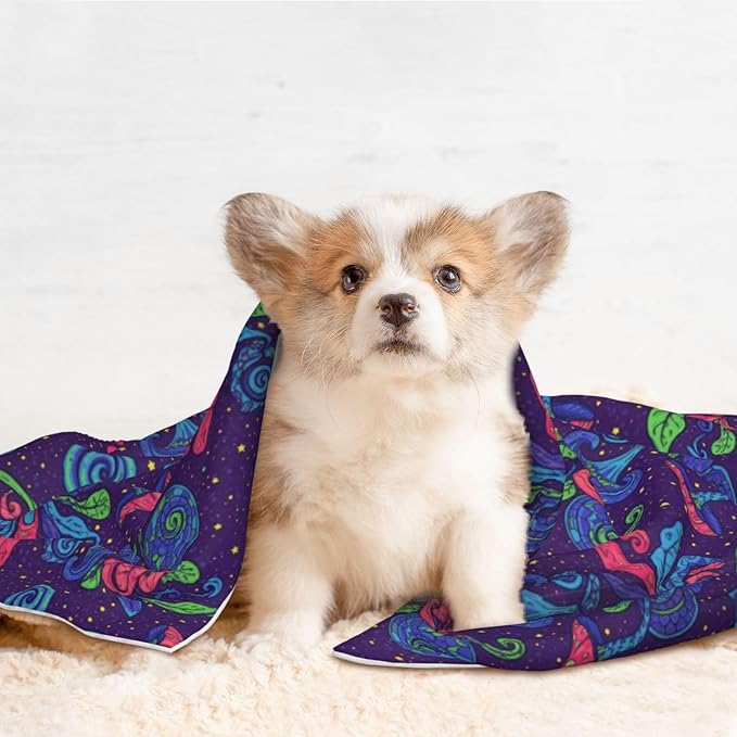 Two Sided Pet Cuddler Blanket for Anxiety Calming, Colorful Doodle Surreal Landscape Fantastic Mushroom, Reversible Plush Design with Bubble Dot Pattern Provides Familiar Surface Anywhere