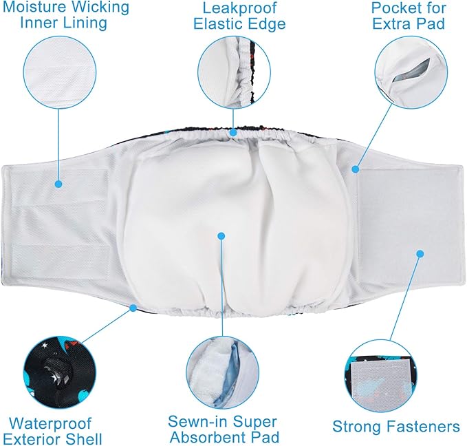 CuteBone Dog Diapers Male Belly Bands 3 Pack for Male Dogs Reusable Puppy Wraps DM65M