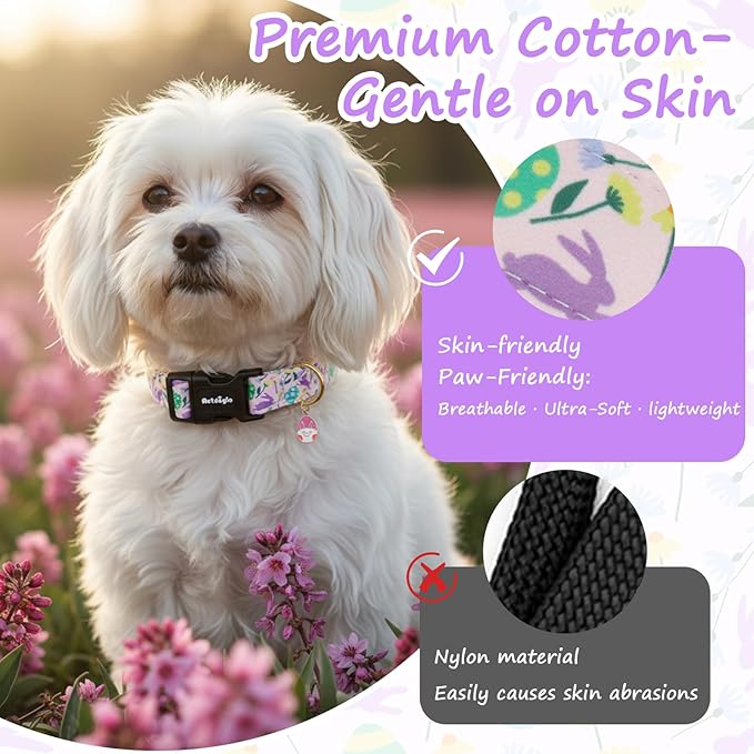 Easter Dog Collar, Spring Easter Egg Print Dog Collar with Purple Rabbit, Adjustable Cotton Puppy Collars Girl Boy Collar for Small Medium Large Dogs -M