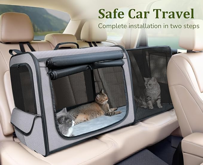 Pecute Dog Car Carrier Stable and Light Weight, Expandable Extra Space Dog Carrier for Cars, Breathable Dog Car Crate, Foldable Pet Carrier for Both Indoor and Outdoor Use, Pet Travel Crate Gray
