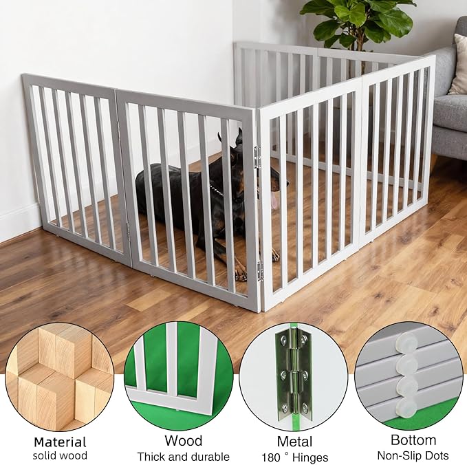 ZJSF Freestanding Indoor Dog Gate for House Foldable Wood Grey Puppy Gate for Doorways Pet Gate for Stairs Extra Wide Pet Fence 24" Height 6 Panels