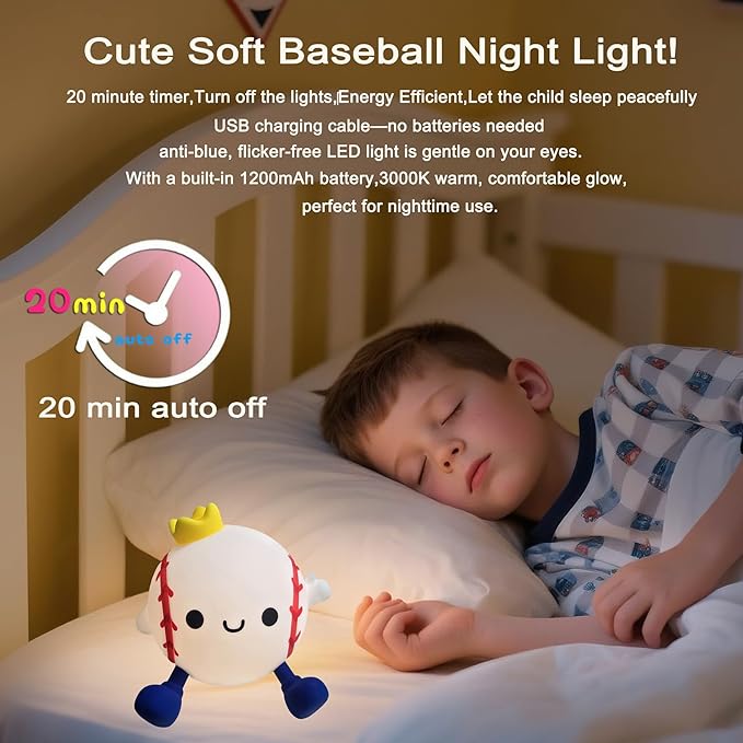 DREAMING MY DREAM Baseball Night Light,Cute Silicone Squishy Novelty LED Night Lamp, Touch Lamp with 2 Levels Dimmable 20Min Timer,for Nursery Bedroom Kids Room Boys Girls Gifts