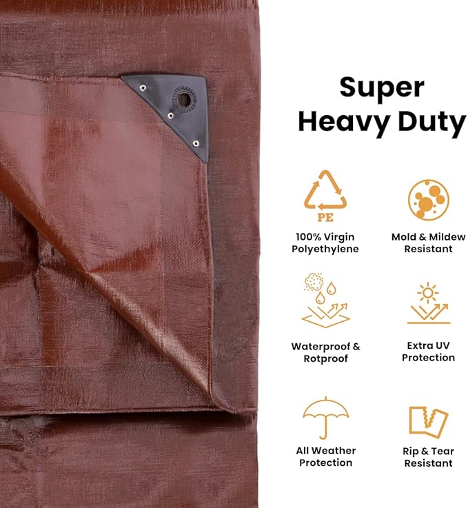 WHITEDUCK Super Heavy Duty Poly Tarp Cover 16 Mil & 10 Mil with Grommets and Reinforced Edges (Brown, White & Silver Black) (Brown- 16 Mil, 20' x 20')