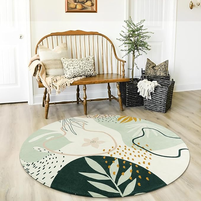 Lahome Boho Round Rugs - 4Ft Washable Non-Slip Small Round Area Rug Throw Soft Cute Round Nursery Rug Non-Shed Lightweight Bathroom Rug, Green Botanical Print Circle Rug for Bedroom Dorm Kids Room