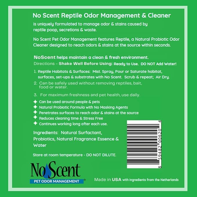 No Scent Reptile Tank Cleaner Spray & Pet Odor Management for Bearded Dragon, Turtle, Lizard Terrarium Freshener (128 Fl Oz/Gallon)