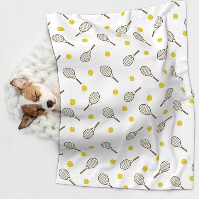 Two Sided Plush Pet Blanket for Crates Carriers Home Use, Tennis Rackets Balls, Reversible Throw with Cozy Dot Fabric and Silky Reverse for Small Large Pets