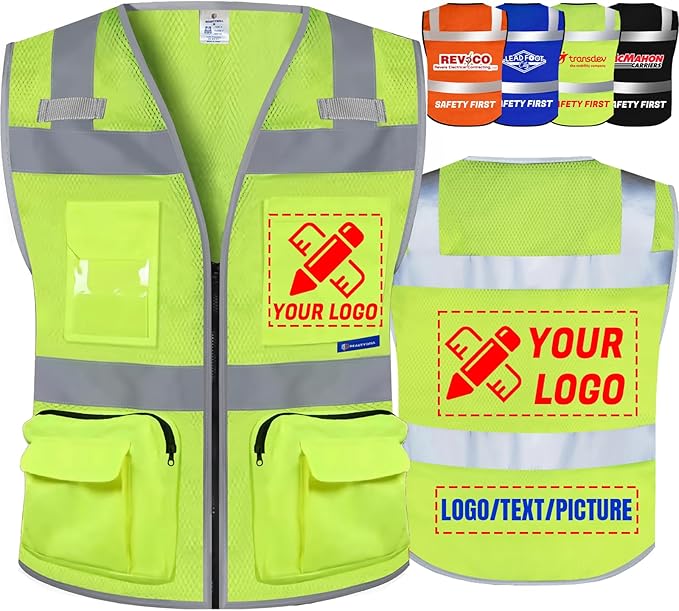 BeautyWill Custom Logo Safety Vest Mesh High Visibility Reflective Vest Customized Logo Utility Zipped Pockets Construction Workwear （Yellow,S）