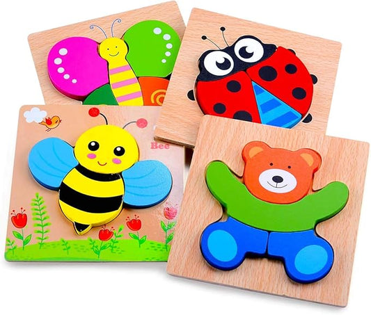 MAGIFIRE Toddler Wooden Puzzle Set - 4-Pack 5.7 x 5.7 Inch Multicolor Wood - Chunky Pieces for Small Hands & Portable Storage Bag - Toddler Puzzles Ages 3-5