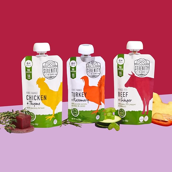 Serenity Kids 6+ Months Beef & Ginger Baby Food Puree Pouches - Grass Fed Beef & Organic Peas, Bell Pepper & Broccoli - No Added Sugar & BPA-Free Pouches - 3.5 Oz, 6 Pack