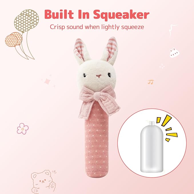 Organic Cotton Stuffed Animal Rattle Baby Toys, Hand Grip Rattle Squeaker Sticks Toys, Bunny Cuddle Cloth and Ring Rattle Plush Toy Set for Newborns Infant Boys Girls, 2 PCS